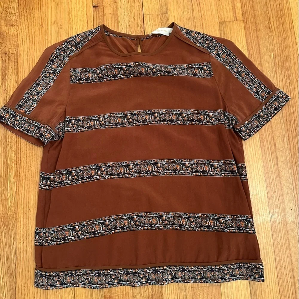 Tory Burch SILK Rust Brown Striped Floral Pattern tee Boho Size 4 (#)
